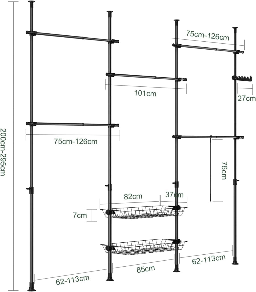 Telescopic Appendiabiti da Terra, Robusto Stand Appendiabiti con Aste e Ripiani, Armadio Aperto Regolabile per Camera da Letto, Porta Abiti Nero KLS04-II-SCH