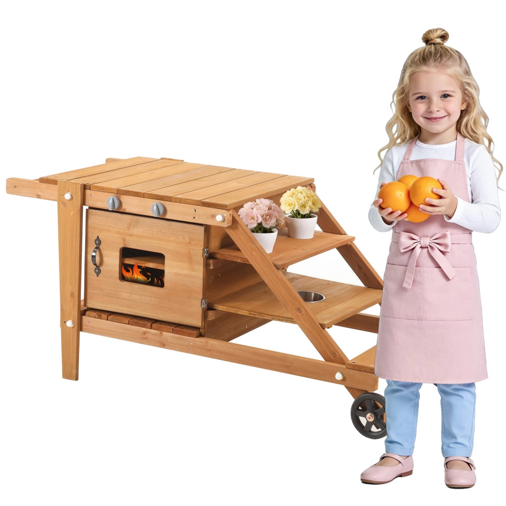 Cucina da Gioco per Bambini da Esterno ¨C Minimal ¨C in Legno Naturale con Ruote e Accessori
