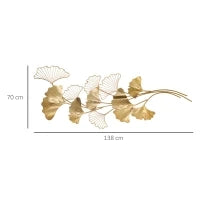 Decorazione Murale 3D in Metallo, Wall Art Dorata con Foglie di Ginkgo 138x70cm