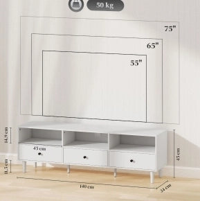 Mobile TV 140x34x45 cm con 3 ripiani aperti e 3 cassetti in legno bianco