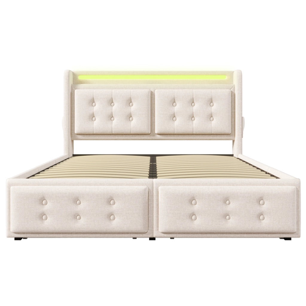 Letto matrimoniale imbottito 140x200 cm con LED; USB e 4 cassetti; beige