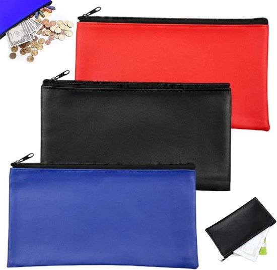 Portafogli di pelle sintetica - 3 pezzi - 27 x 15 cm - chiusura a cerniera - borsa per documenti A5 - blu rosso nero - perfetto per la conservazione di banconote