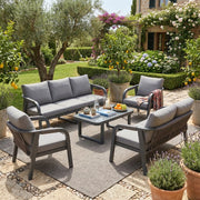 Set di mobili da giardino 7 posti divano a 3 posti divano a 2 posti 2 poltrone e 1 tavolino da caff¨¨ piano in vetro telaio in ferro zincato motivo di corda intrecciata grigio
