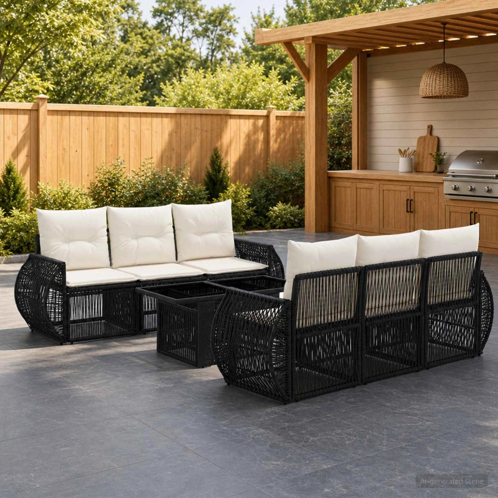 Set Divano da Giardino 7 pz Nero e Bianco Crema polyrattan 3436900