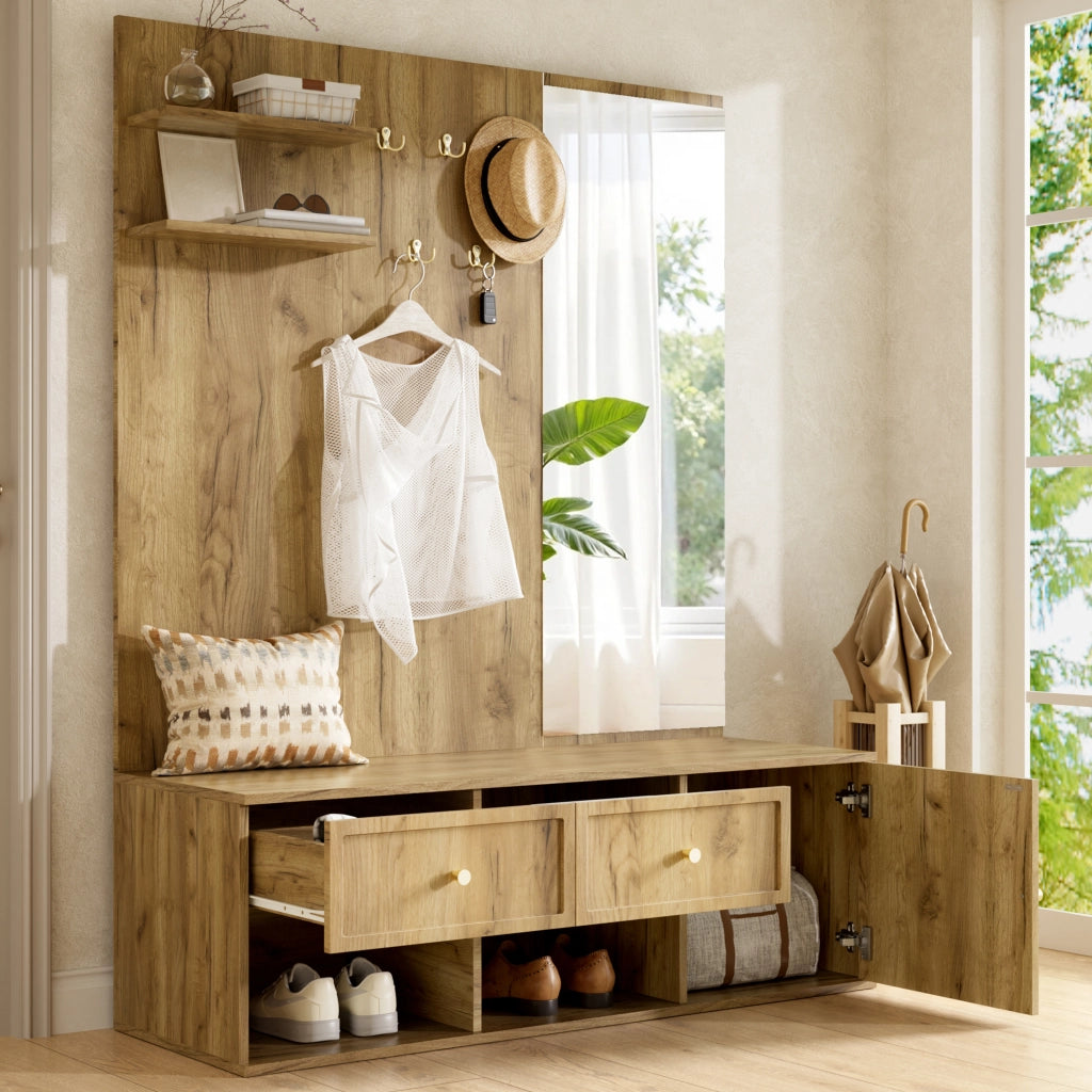 Mobile Ingresso con Specchio; 5 Ganci; 2 Cassetti e Vano - per Ingresso - in Truciolare - 120×35×159 cm - Effetto Legno