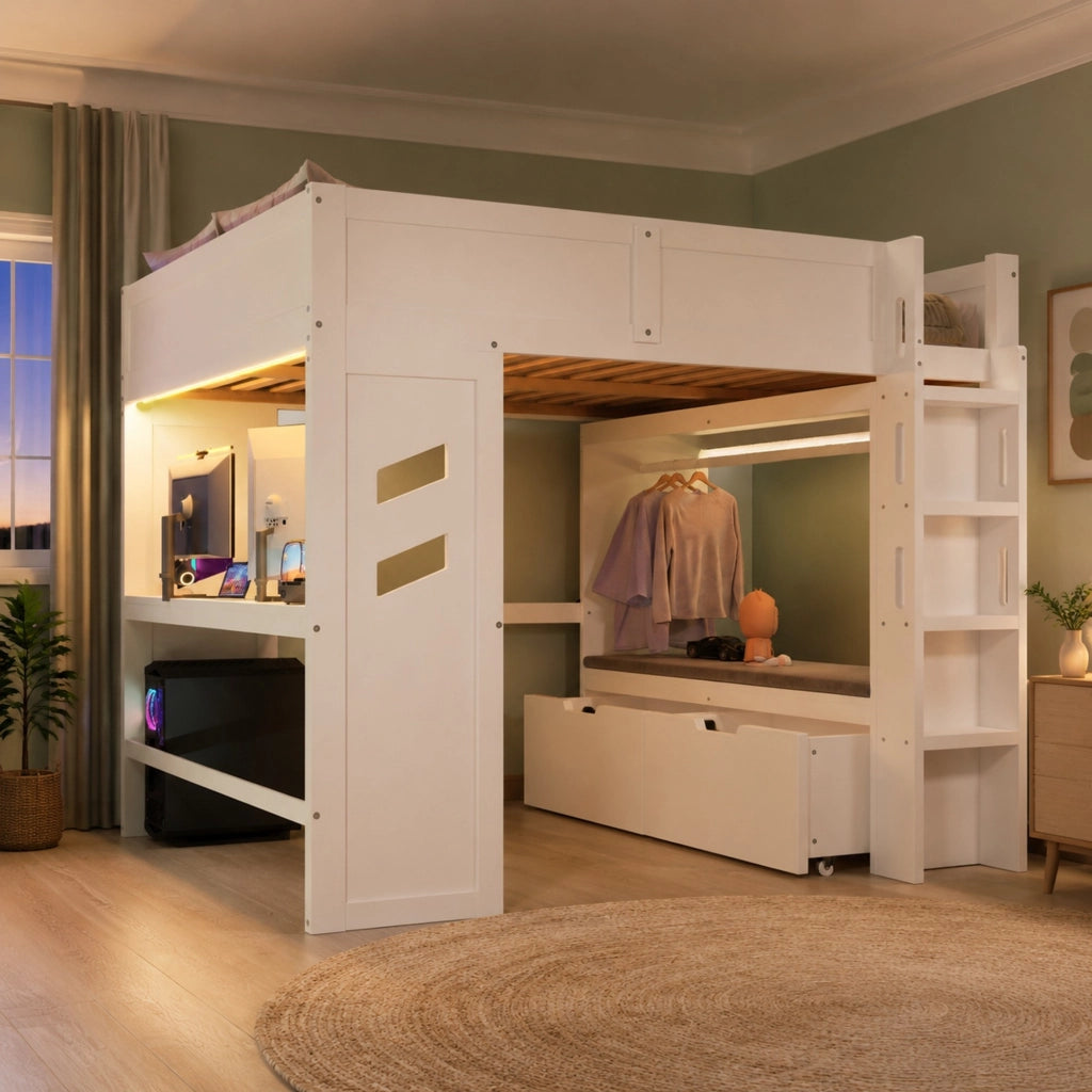 Letto a soppalco bianco 140x200 con scrivania LED e USB-C