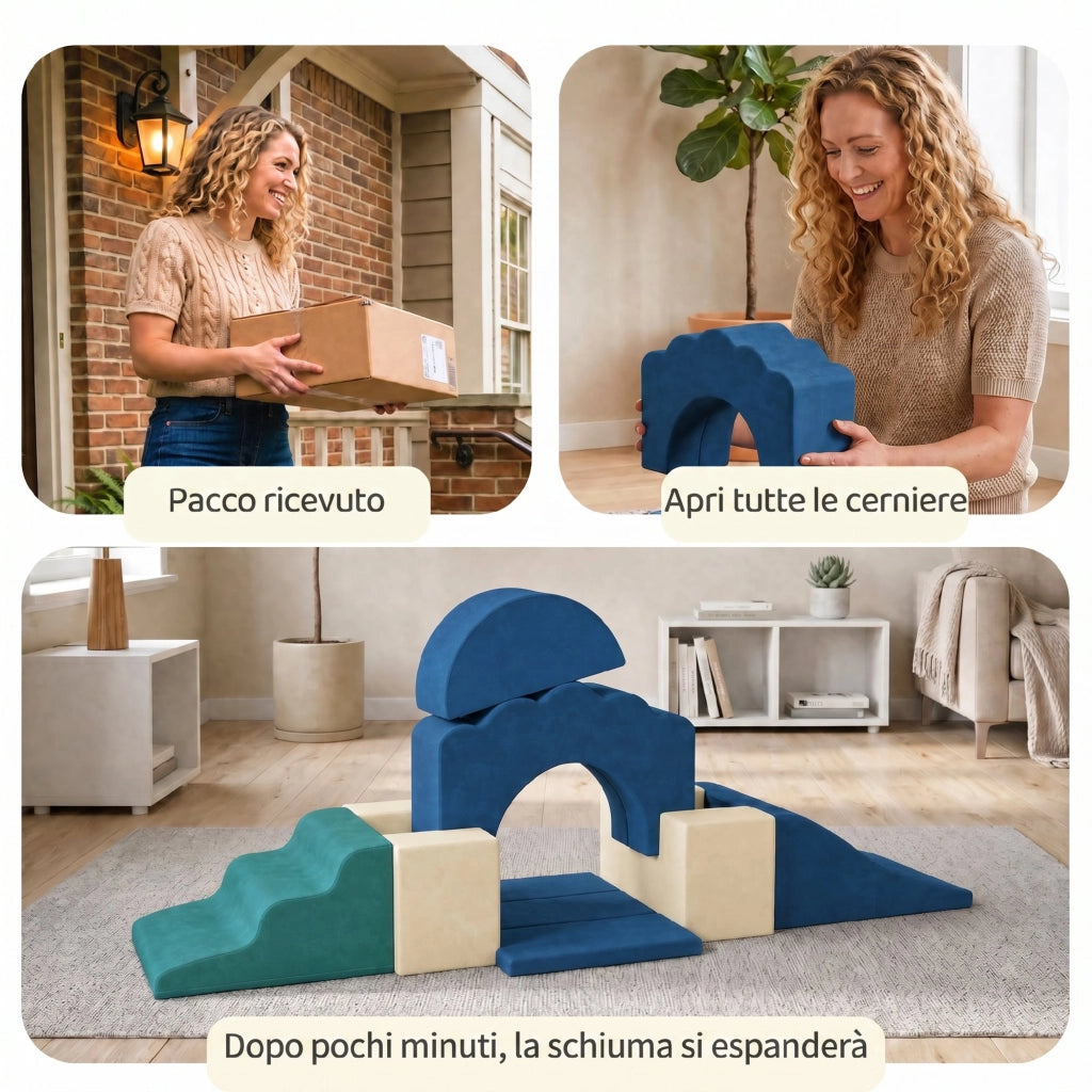 Set 7 Costruzioni Morbide per Bambini da 0,5-3 Anni con Base Antiscivolo in Schiuma e Velluto Blu