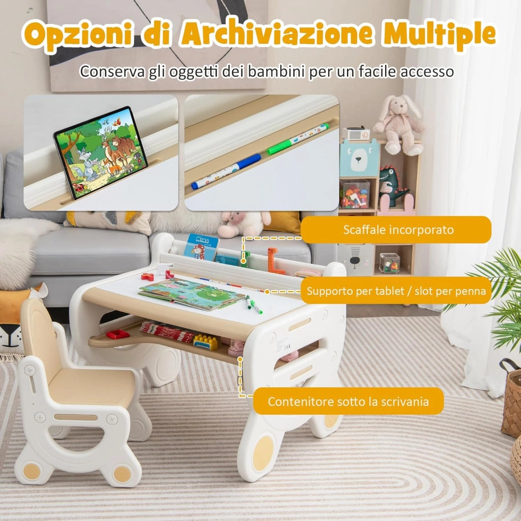 Set Tavolo e sedia per Bambini, Tavolo per Bambini con Sedia, Tavolo da Disegno Cancellabile e Ripiano, per Disegnare, Leggere, Giocare, Ideale per Bambini 3-8 Anni (Brown)