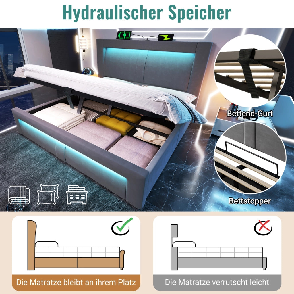 Letto matrimoniale 140x200 cm con contenitore; LED; USB e materasso; in velluto grigio