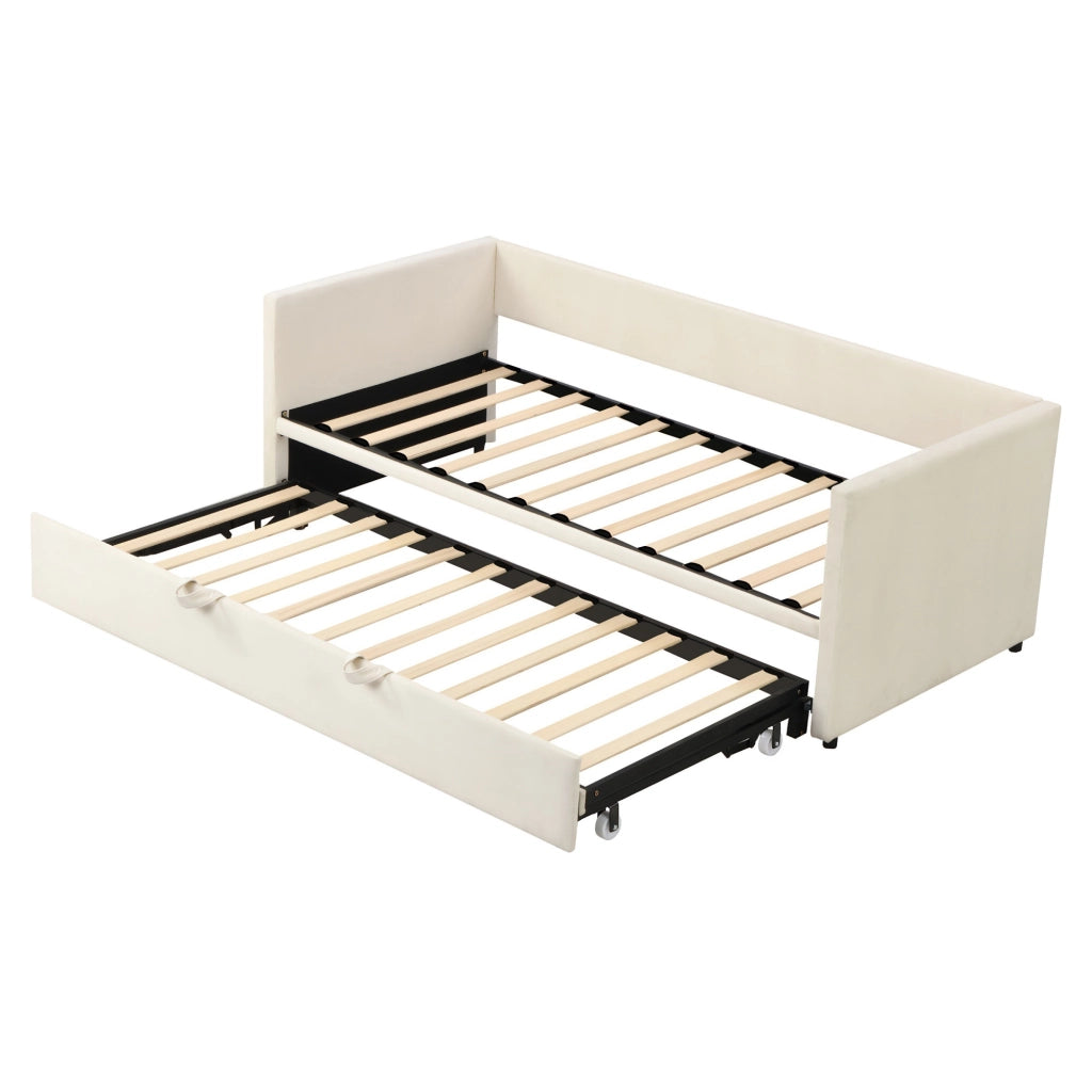 Divano‑letto multifunzione crema in velluto, meccanismo con ruote, montaggio veloce, divano trasformabile per appartamento
