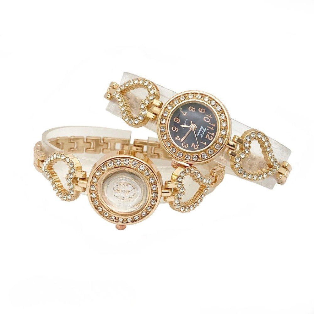 Trade Shop - Orologio Da Polso Donna Elegante Oro Cuori Con Cristalli Quadrante Nero 23 Mm -