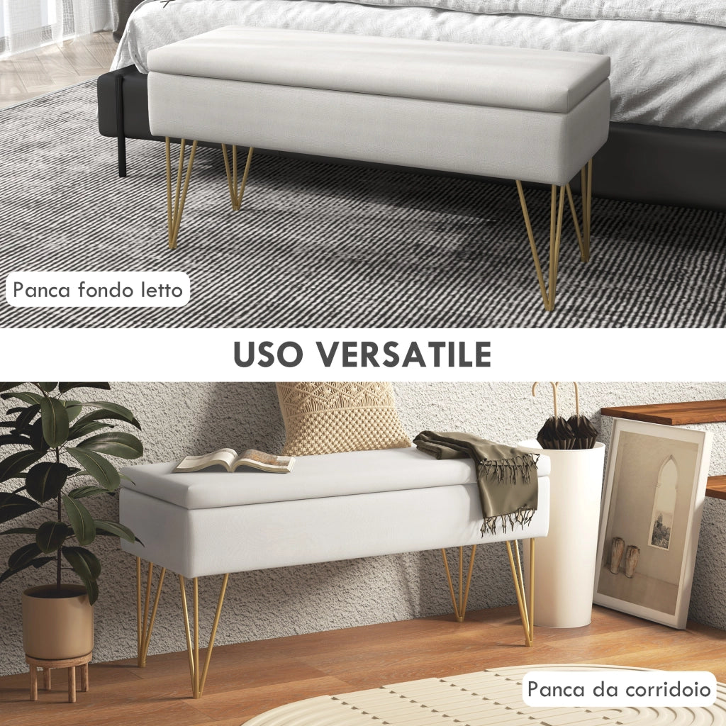 Panca Contenitore per Letto in Tessuto con Gambe in Acciaio ¨C Minimal ¨C 100x40x49 Crema