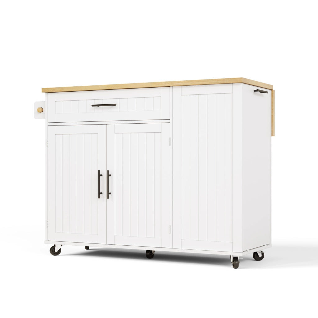 Isola da cucina con piano ribaltabile 130x70x93 cm in MDF bianco; con ruote e cassettone