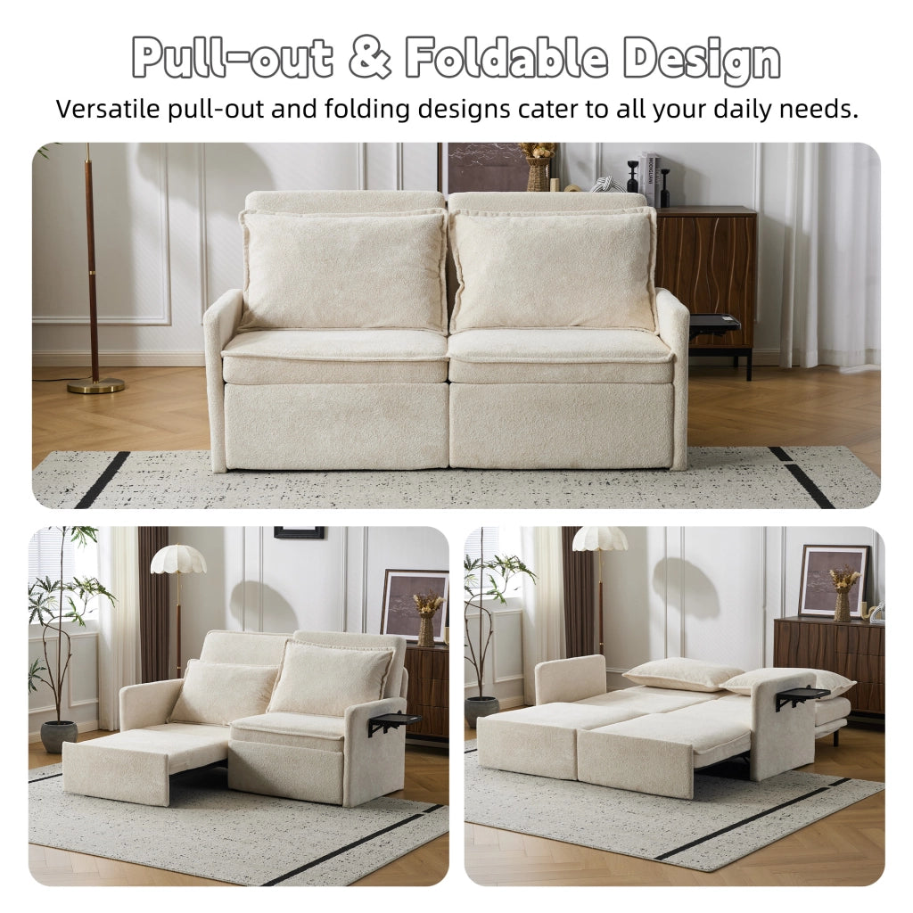Divano letto con schienale a 5 posizioni, tasche laterali e porta USB/Type-C, in ciniglia beige