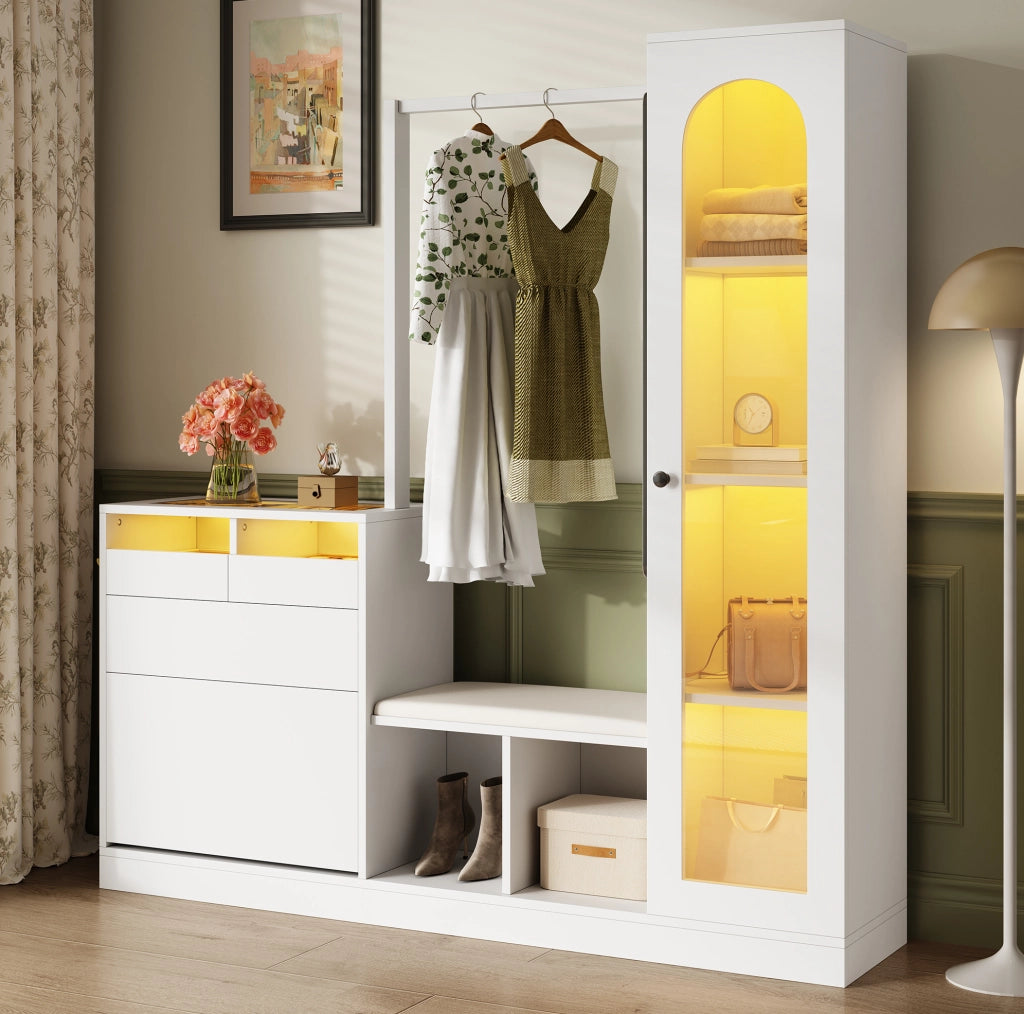 Mobile ingresso multifunzione con LED; specchio girevole e scarpiera salvaspazio 163x50x161 cm; bianco in truciolare
