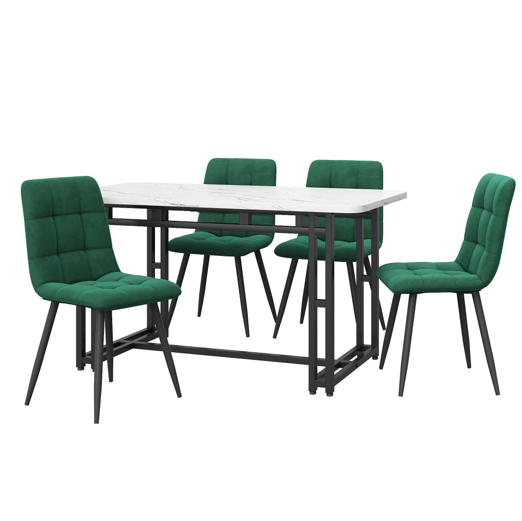 Set da pranzo 120 cm; tavolo e 4 sedie; piano in MDF; velluto verde scuro