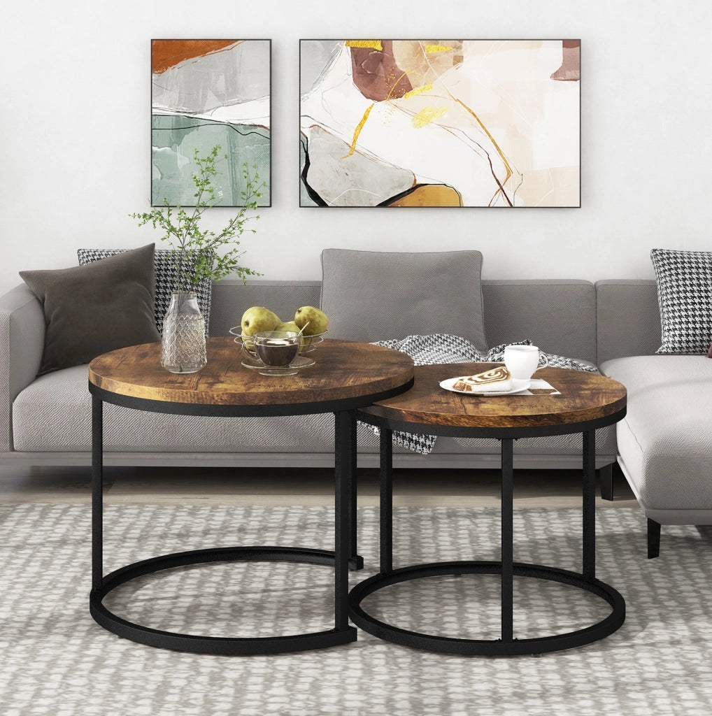 Set di 2 tavolini da caffè rotondi impilabili; MDF marrone; 50 x 70;5 cm e 45;5 x 44 cm