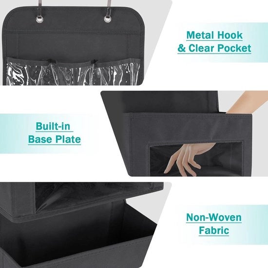 Organizzatore per porte con 4 grandi contenitori e finestra - 3 contenitori PVC - 2 ganci metallici - per porta - camera da bagno - camera per bambini - soggiorno - camera da letto - grigio