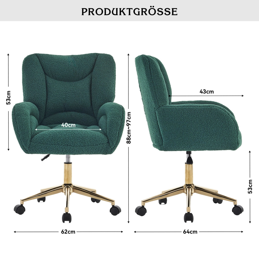 Sedia da ufficio girevole regolabile in altezza con ruote a 360°; base in metallo dorato; verde; 64 × 62 × 92.5 cm