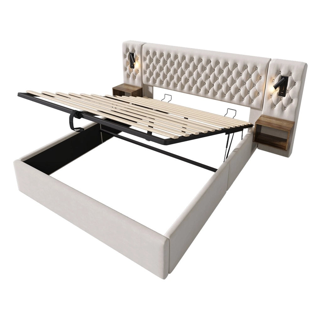 Letto Contenitore Matrimoniale Imbottito ¨C MINIMAL ¨C Velluto Beige 160x200 con Comodini e Testiera LED