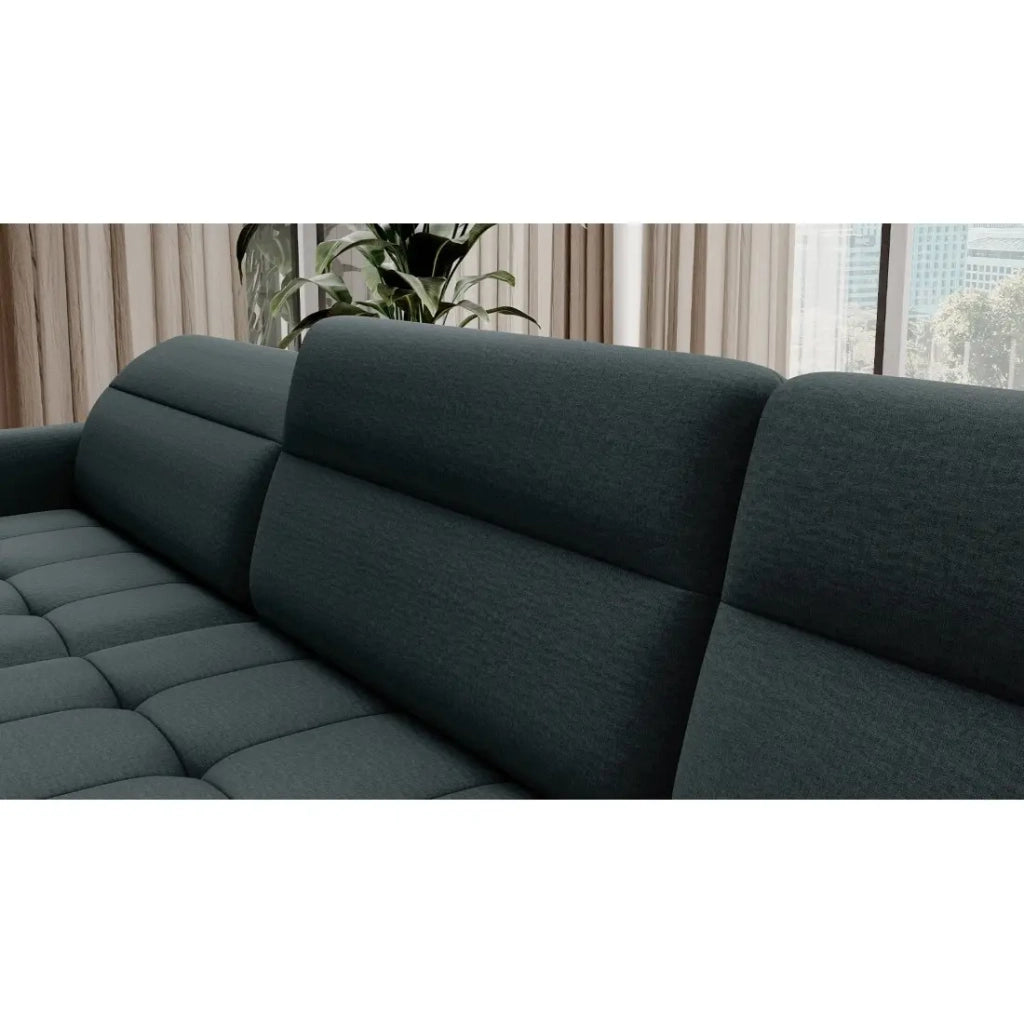 Divano angolare convertibile BERTHO 306 cm verde scuro – Angolo sinistro con contenitore