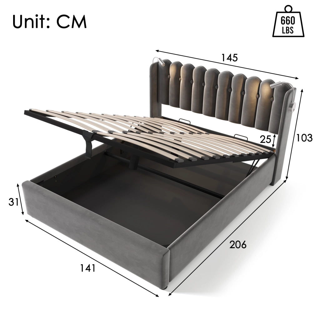 OKWISH Letto Contenitore 140 × 200 cm, Letto Matrimoniale con USB, Luce da Lettura e Vano, con Materasso