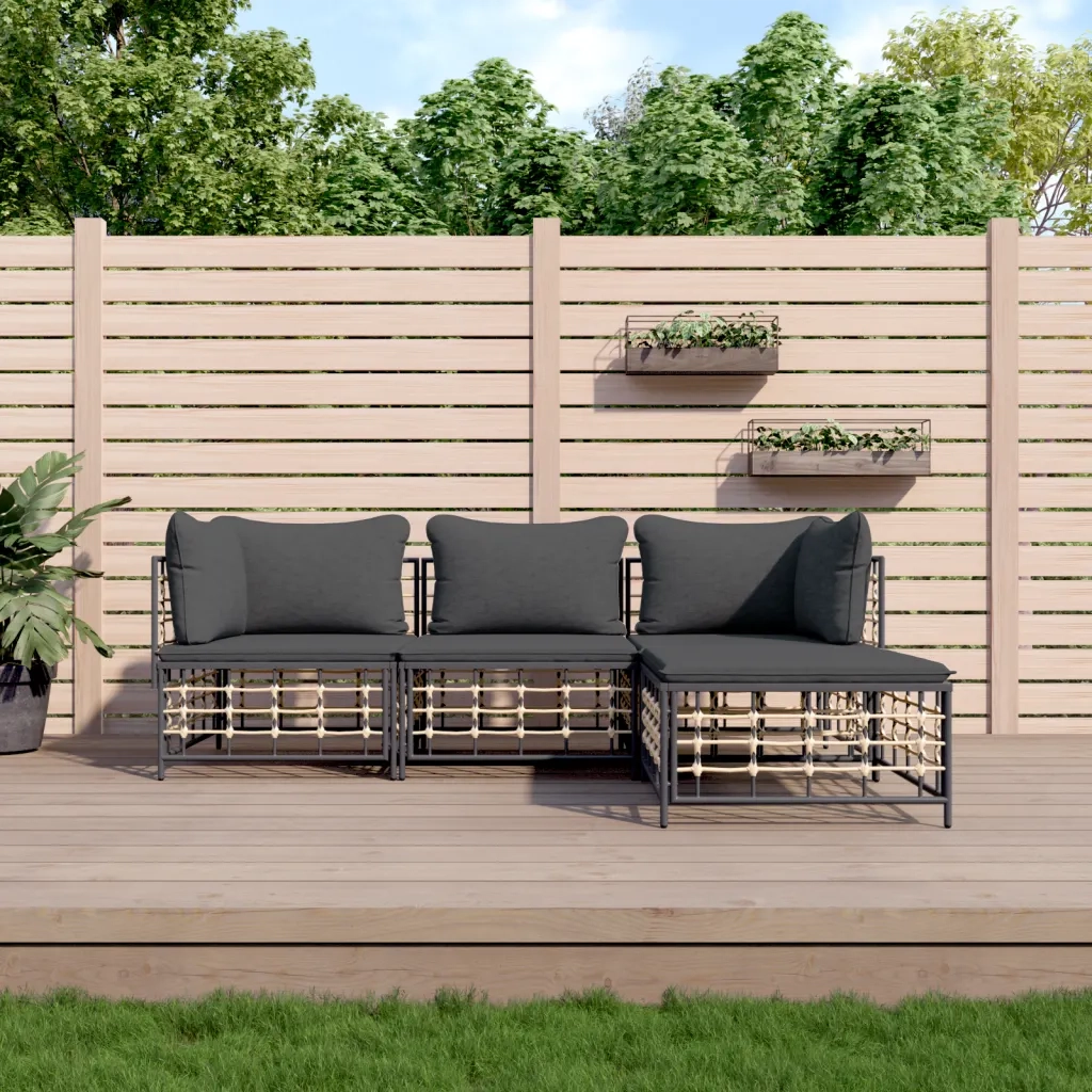 Set Divani da Giardino 4 pz | Set Salotto da Giardino con Cuscini Antracite in Polyrattan