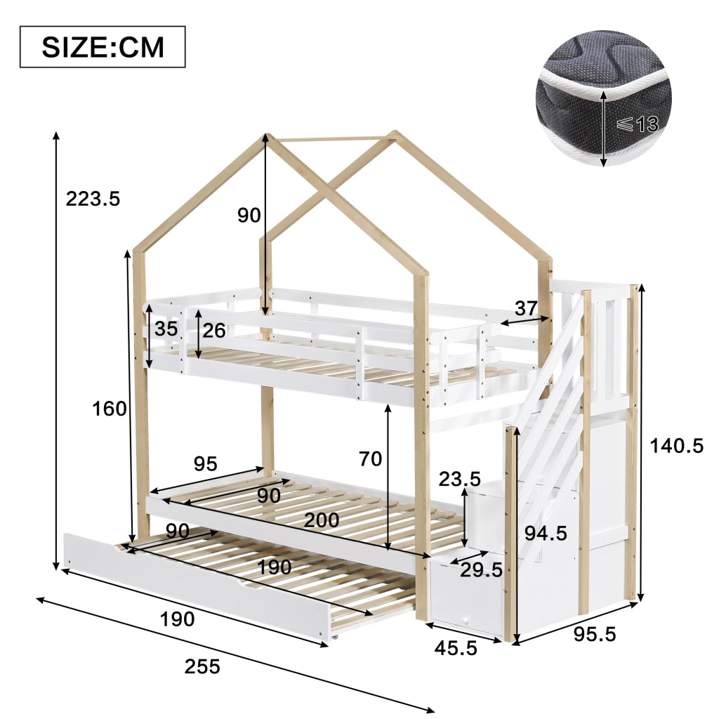 DESMIU Letto a castello 90 × 200 cm e 90 × 190 cm 2 posti con scala con cassetti e materasso senza