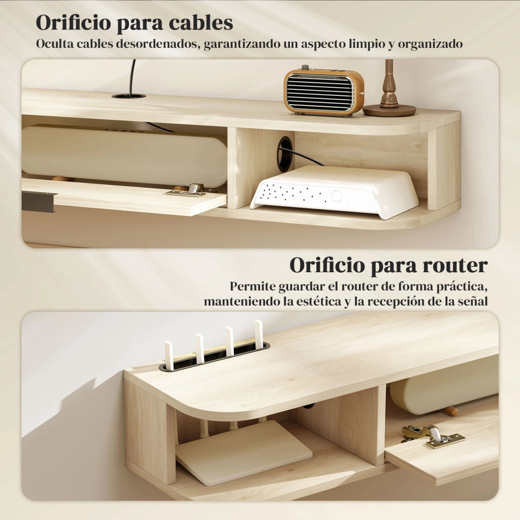 Mobile TV Sospeso con Cassetto e Ripiani Aperti ¨C zephmum ¨C Legno Naturale 120x24x16 cm