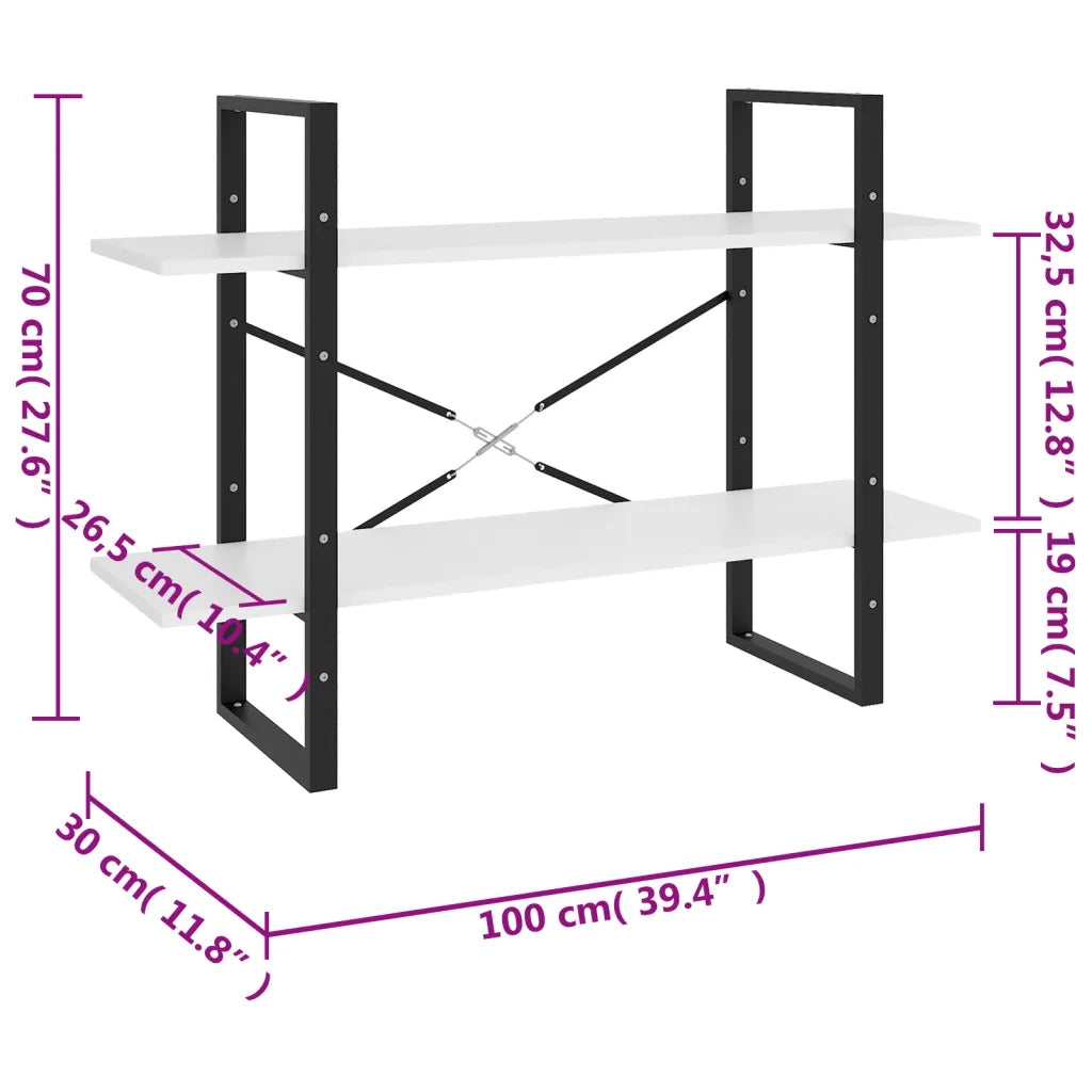Libreria a 2 Ripiani-Scaffale per Libri-Mobile di Stoccaggio Bianca 100x30x70 cm in Legno Multistrato