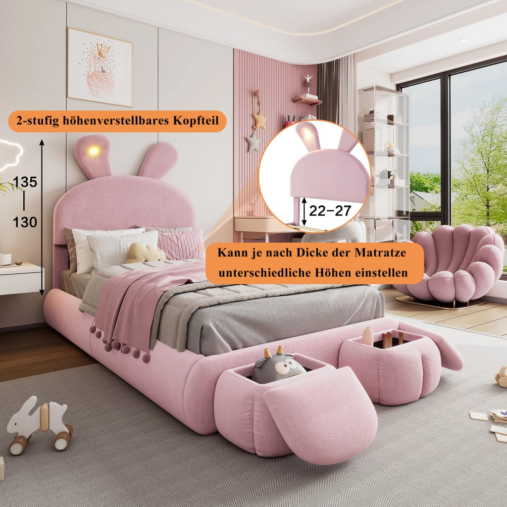 DESMIU Letto singolo 1 posto con LED regolabile e 2 pouf contenitore, 90 × 200 cm, senza materasso