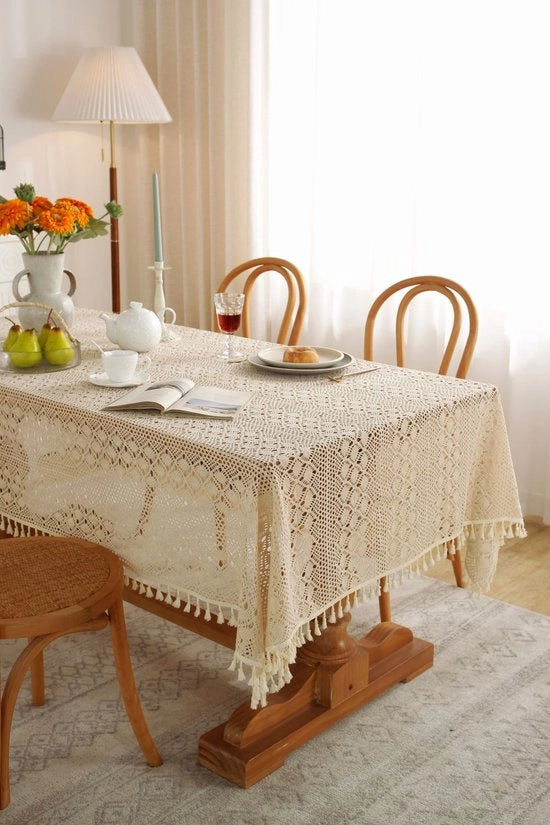 Tavolo quadrato tovaglia in poliestere e cotone, tessuto lavabile, intrecciato a righe di diamante vuote con piumini, tovaglia per tavolo adatta per dentro e fuori - Pizzo uccellino-verde paglia - 140*220