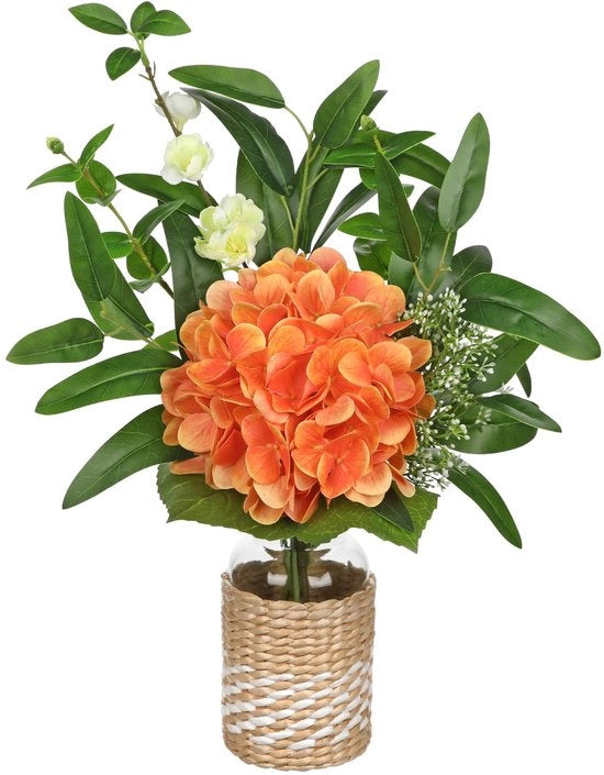 Fiori artificiali di Hortensia con vaso, hortensie artificiali in arancione, piante artificiali e fiori in vaso, fiori di seta in vaso di vetro per decorazione da tavolo, casa, ufficio, decorazione di matrimonio