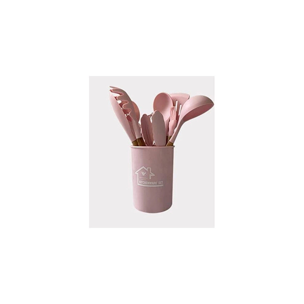 Trade Shop - Set 12 Utensili Da Cucina In Silicone Con Manico Legno Antiaderenti Resistenti -