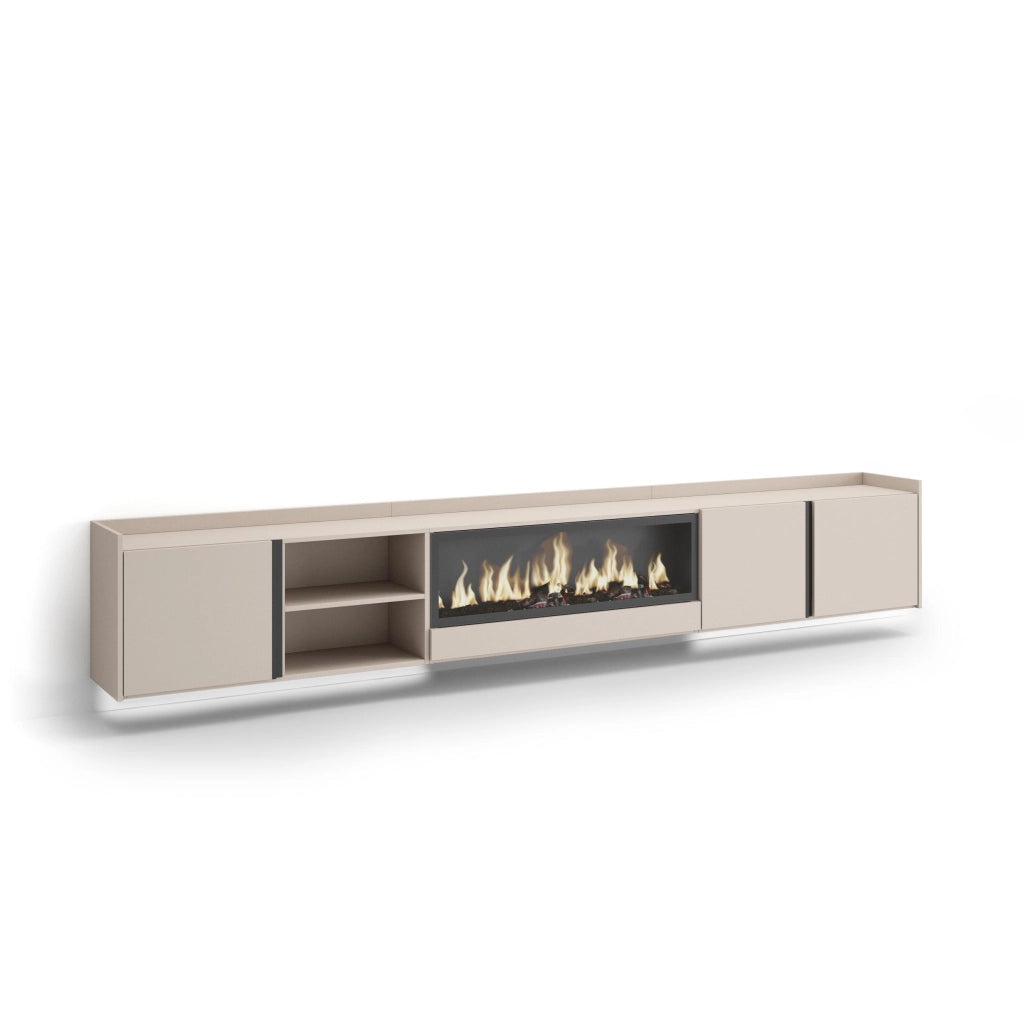 Mobile TV Soggiorno, 315x50x35 cm, Per TV fino a 80", Camino elettrico XXL, Sospeso, da appendere, LED, Beige