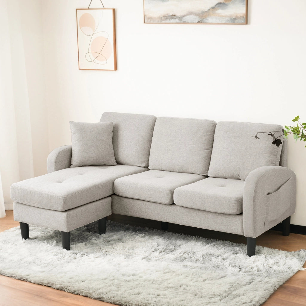 Divano angolare modulare 166x118x77 cm con chaise longue reversibile; imbottitura in schiuma; beige grigio e bianco