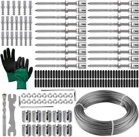 Sostegno per piante in acciaio inossidabile per piante da scalare - 30 m rete aeree su sostegno per piante con kit a 3 mm di diametro per sistema di cavi, inclusa attrezzo di fissaggio per giardino/muro/beton/hegge