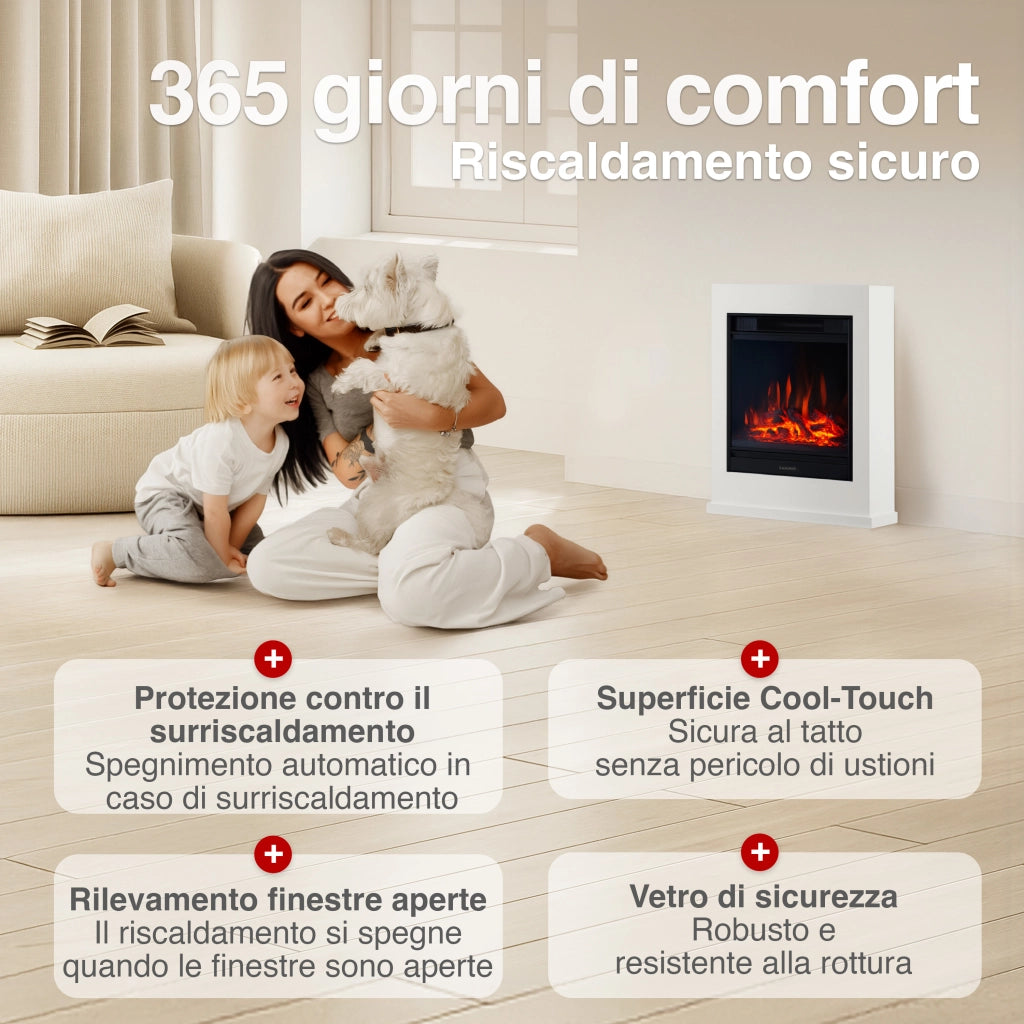 KAMINIO Camino elettrico KALLE - Caminetto elettrico a pavimento con riscaldamento, effetto fiamma 3D, telecomando - Bianco