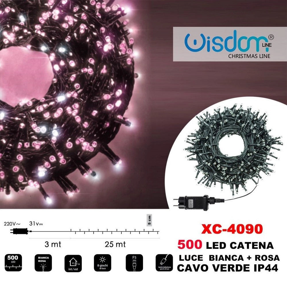 Trade Shop - Catena Luminosa 500 Luci Led Lucciole Luce Bianca + Rosa Cavo Verde Ip44 Xc-4090 -