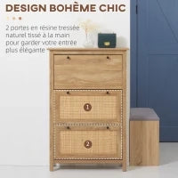 Mobile Scarpiera con 3 Ante Ribaltabili, Effetto Intreccio Rattan, in Legno, Legno Naturale