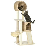 Albero Tiragraffi per Gatti con Casa, Diverse Piattaforme, Amaca, Tappetino per Graffiare, Dispositivo Antiribaltamento, 60 x 60 x 150 cm, Beige