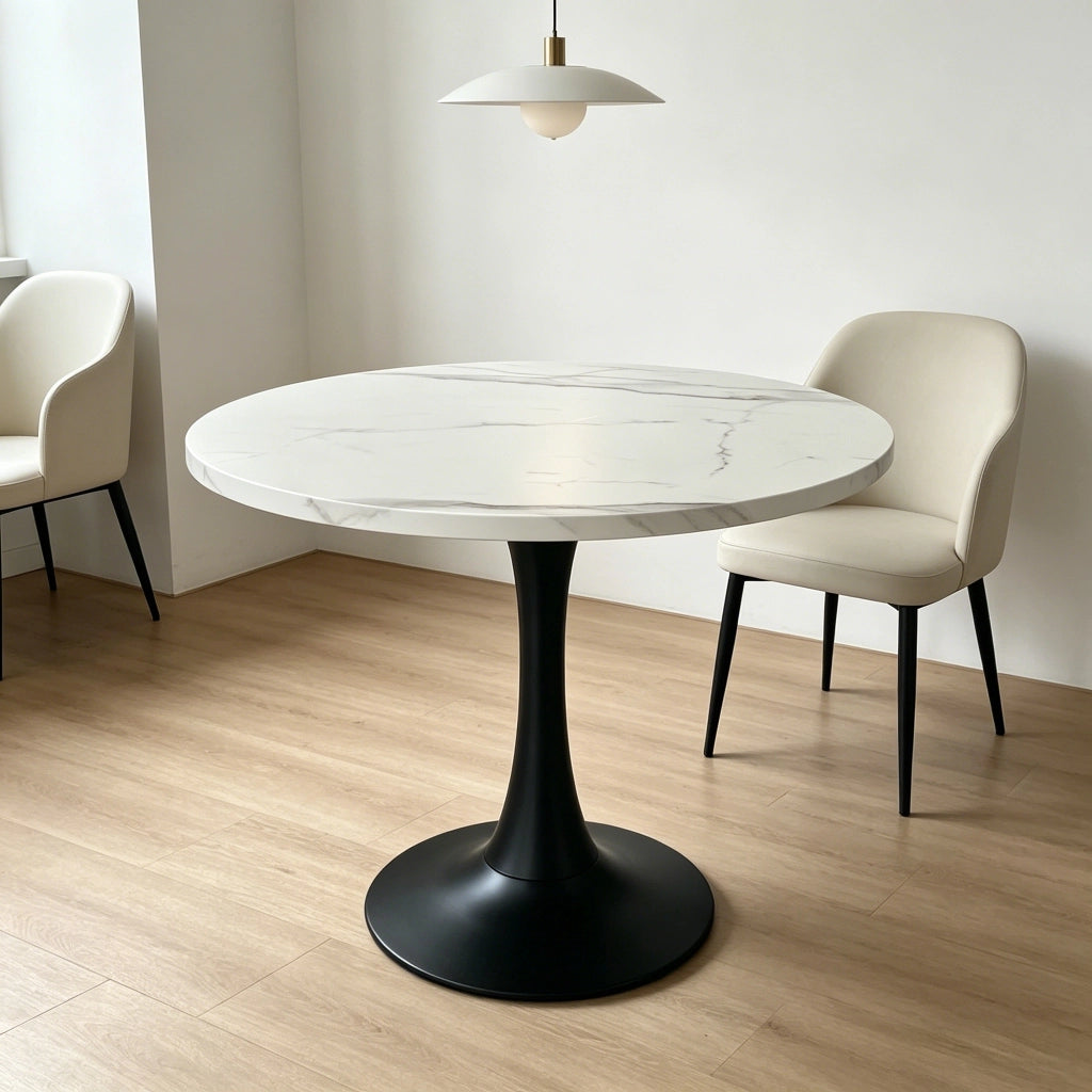 TAVOLO Rotondo 80 cm MDF effetto marmo bianco e metallo nero per 2-4 persone