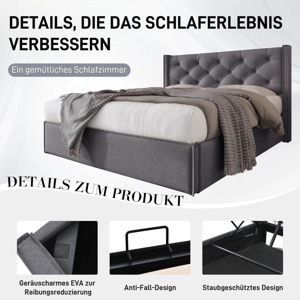 Letto contenitore 140 × 200 cm con testiera imbottita e rete sollevabile struttura in metallo cotone grigio