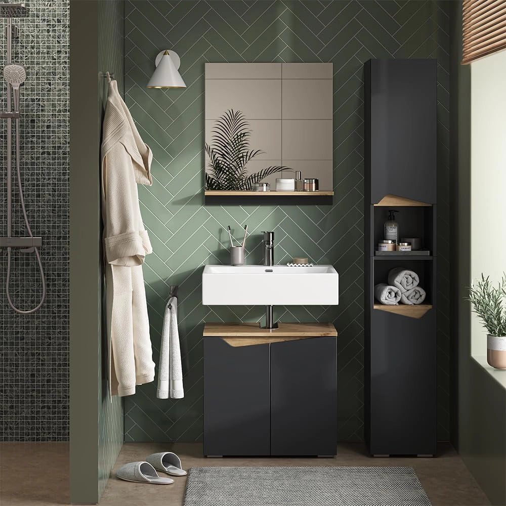 Armadio per il bagno Marelle, Antracite/Artisan, 30 x 180 cm con porte e vani aperti, per la conservazione di articoli da bagno e asciugamani