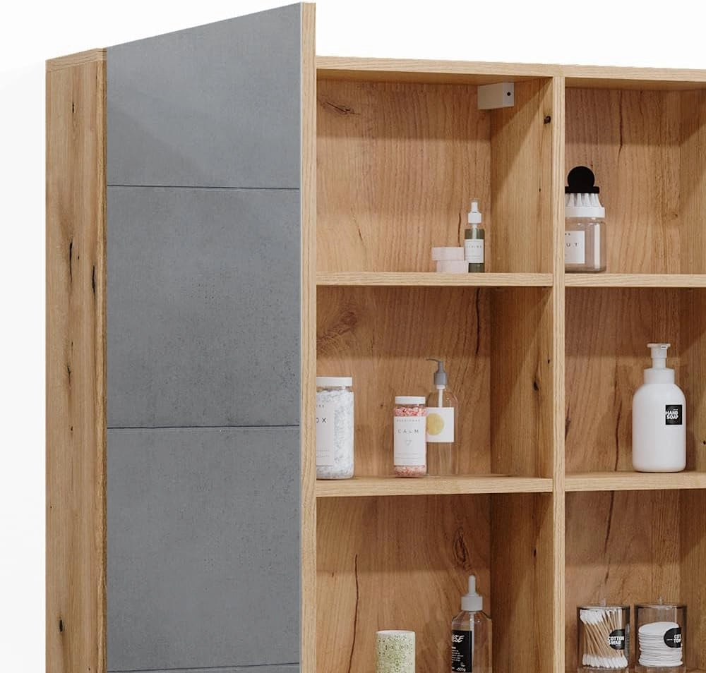 Specchio contenitore bagno Rudi, Rovere, 90 x 80.9 cm con anta e vani a giorno, con meccanismo push-to-open e struttura combinabile
