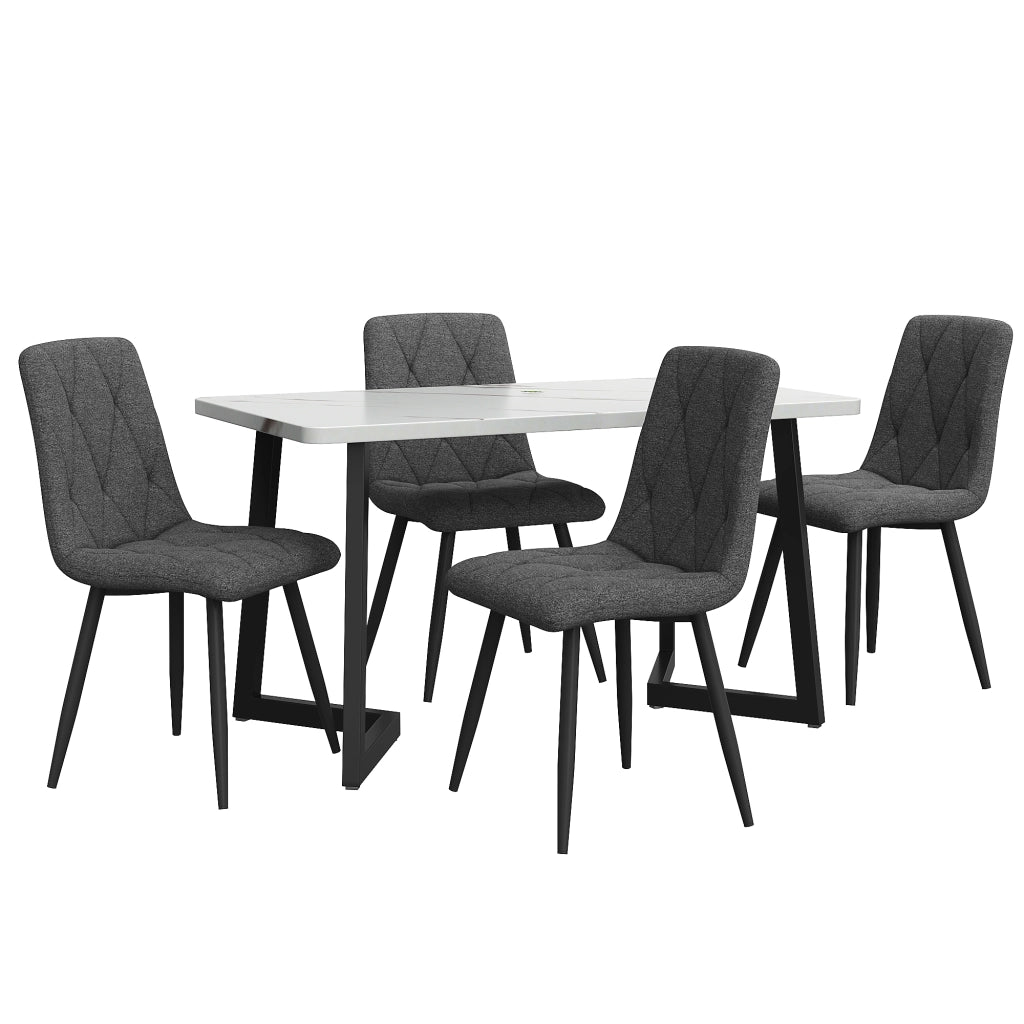 Tavolo da pranzo con 4 sedie in MDF con piano effetto marmo e gambe in metallo nero per cucina soggiorno e ufficio