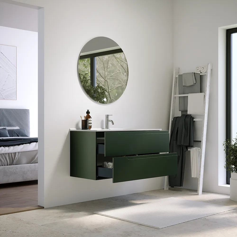 Mobile bagno sospeso 80 cm due cassetti verde foresta opaco con lavabo | Ardenne