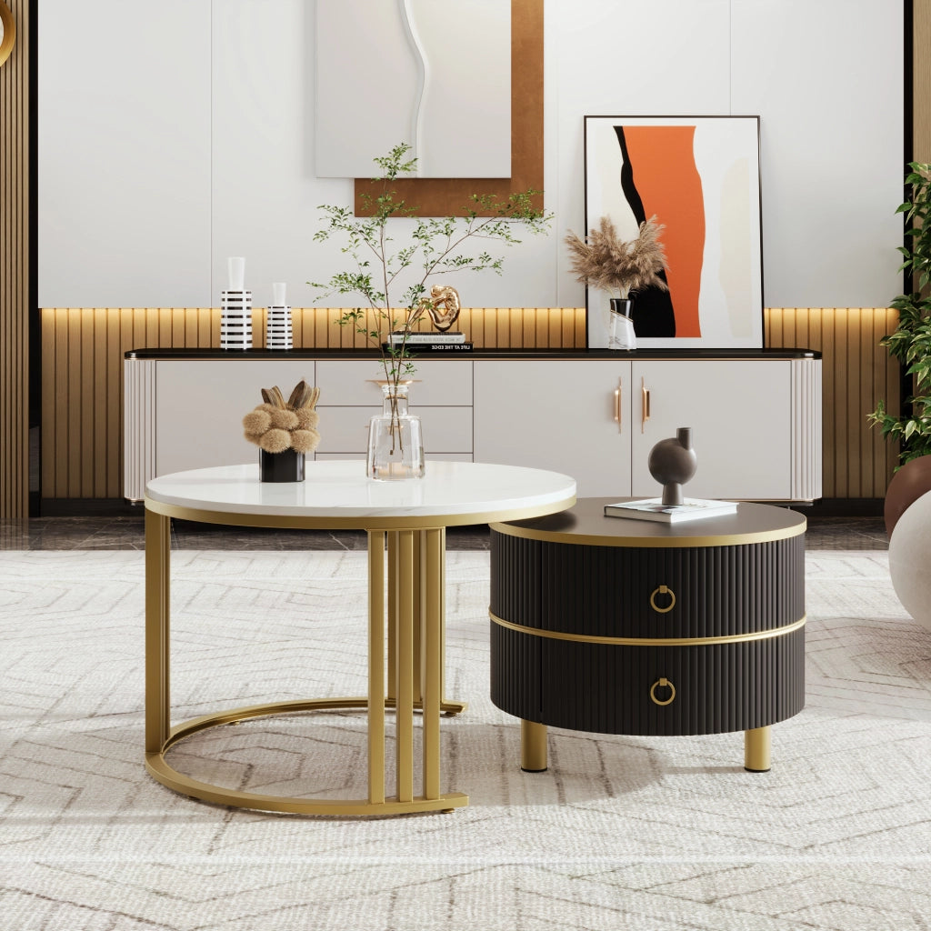 Tavolini da caffè nido rotondi con 2 Cassetti; Piano Lucido ed Effetto Marmo; Stile Moderno; in MDF; Nero; 70×70×46 cm