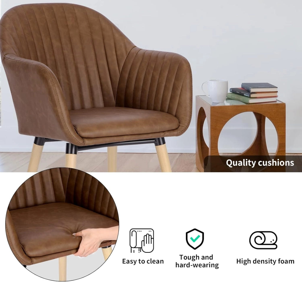 Set di 4 Sedie per Sala da Pranzo con Schienale Braccioli Poltrona Imbottita Gambe in Legno Seduta in Similpelle, Marrone, BH336br-4