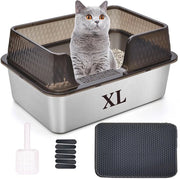 Ciotola per gatto in acciaio inox con coperchio, tappeto e cucchiaio per gatto, alta parete, XL, facile da pulire, grande ciotola per gatto (XL, nero)